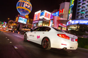 The Aptiv-Lyft vehicle with autonomous technology drives on the strip Thursday, November 30, 2017 in Las Vegas, Nevada. (Photo by John F. Martin for Aptive)